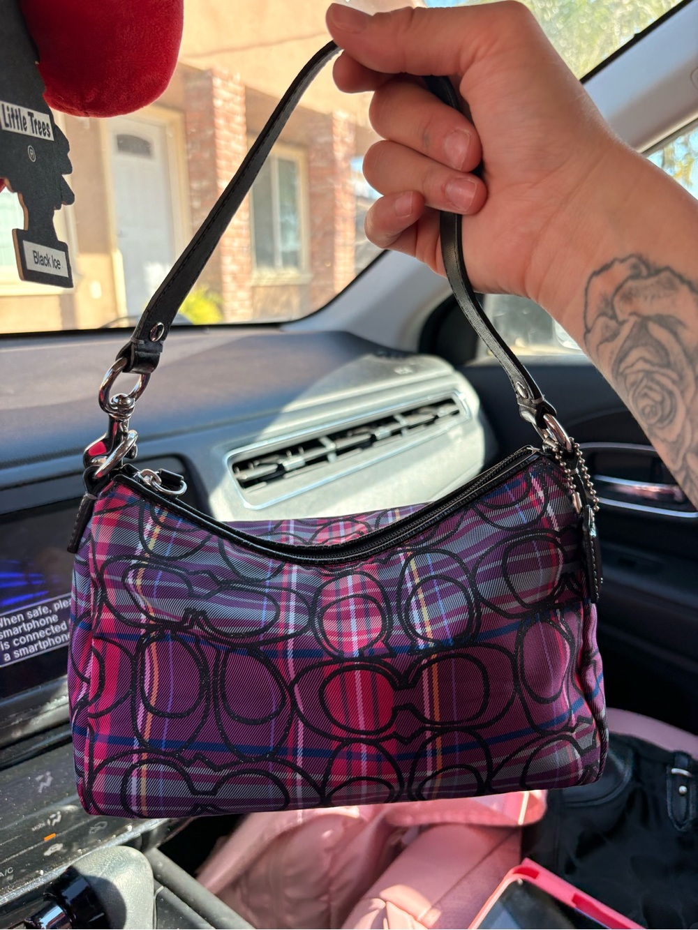 Coach Pink Plaid Small Shoulder Bag with Black Strap